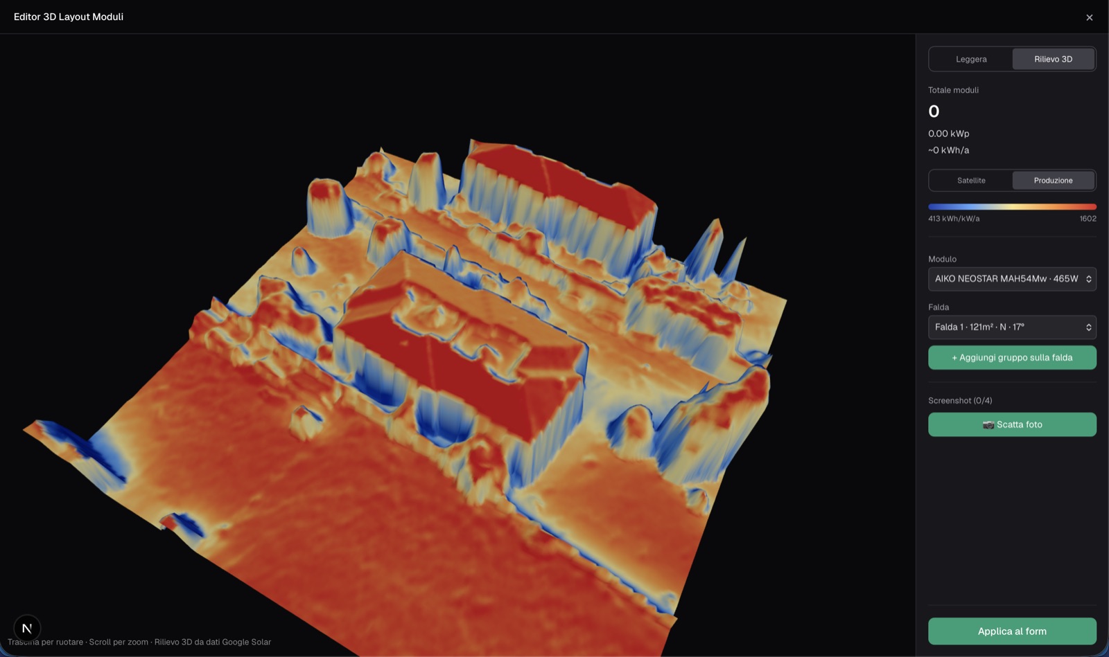 Heatmap de producción solar anual sobre el relieve 3D