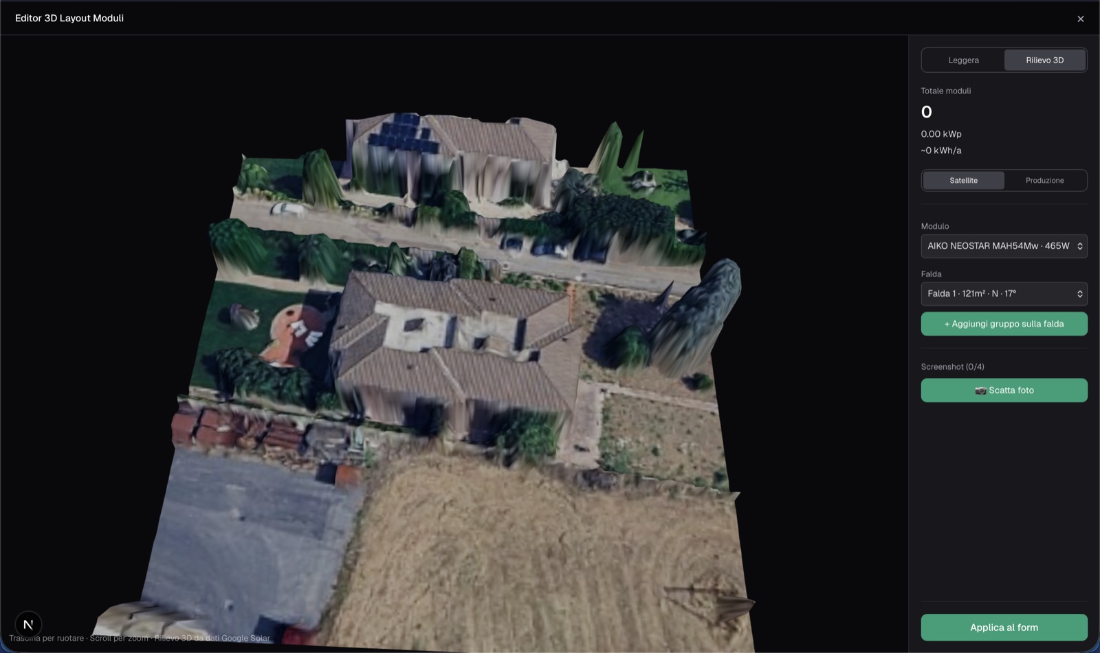Relieve 3D del tejado reconstruido desde el DSM de Google Solar